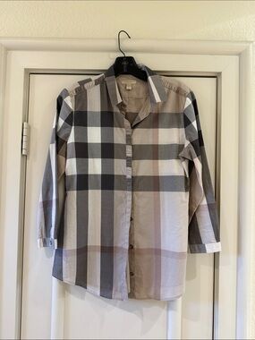 Burberry Beige, Black & Gray Plaid Button-Down Shirt